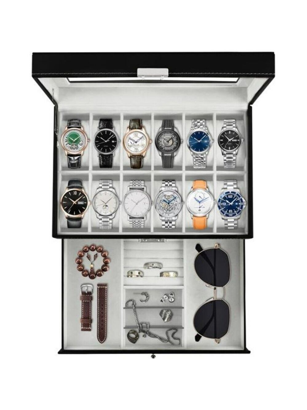 Watch Display Box 12 Slot PU Leather Jewelry Organizer with Glass Lid Drawer